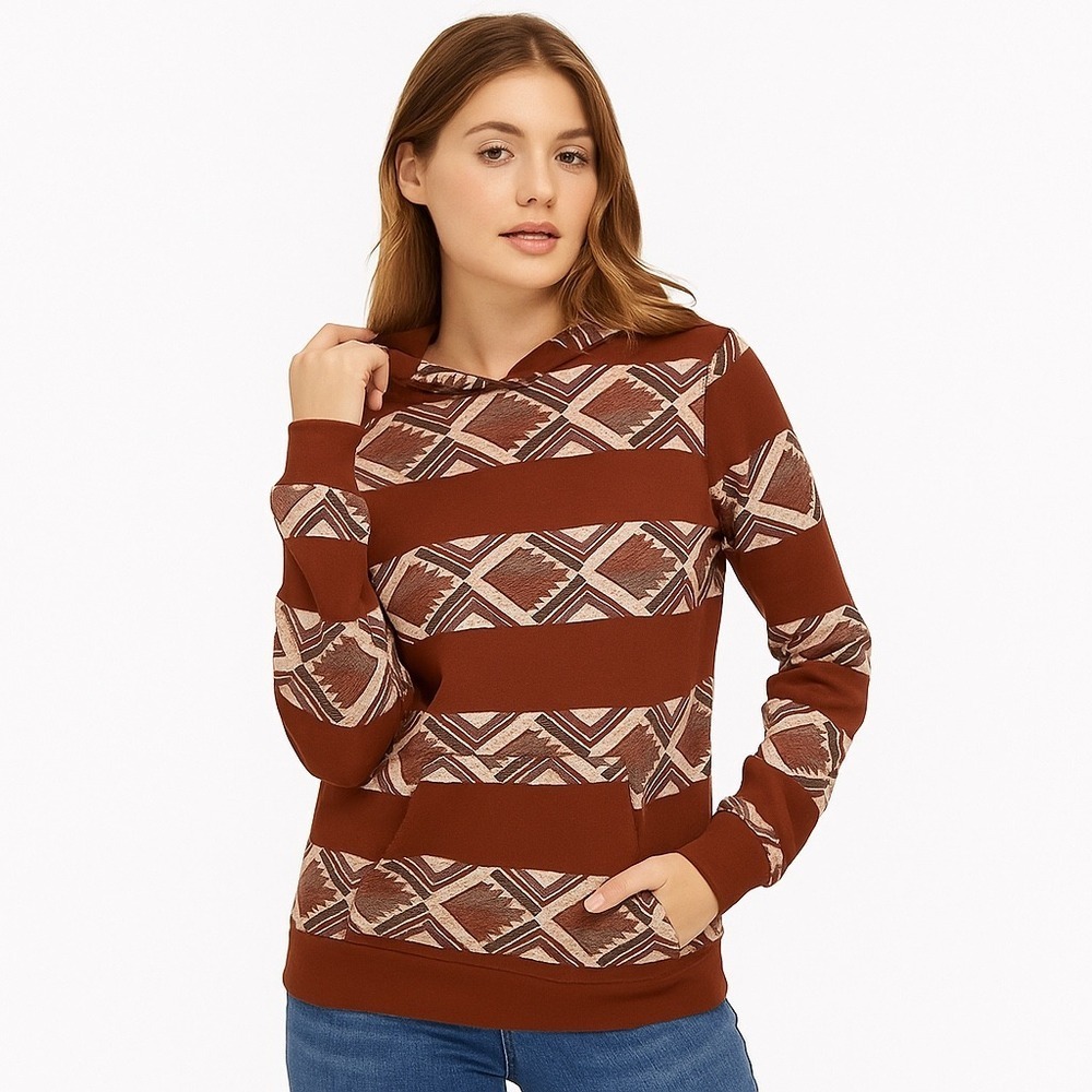 Rank 45 Womens Southwestern Geometric‎ Print Hoodie Rust Brown XS RN138823